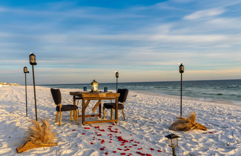Romantic couples dinner setup on beach up